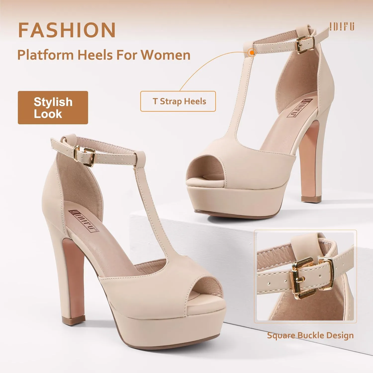 IDIFU Women's IN5 Polly Platform Chunky High Heels T-Strap Sexy Sandals Peep Toe Wedding Party Prom Dress Shoes for Women Bride