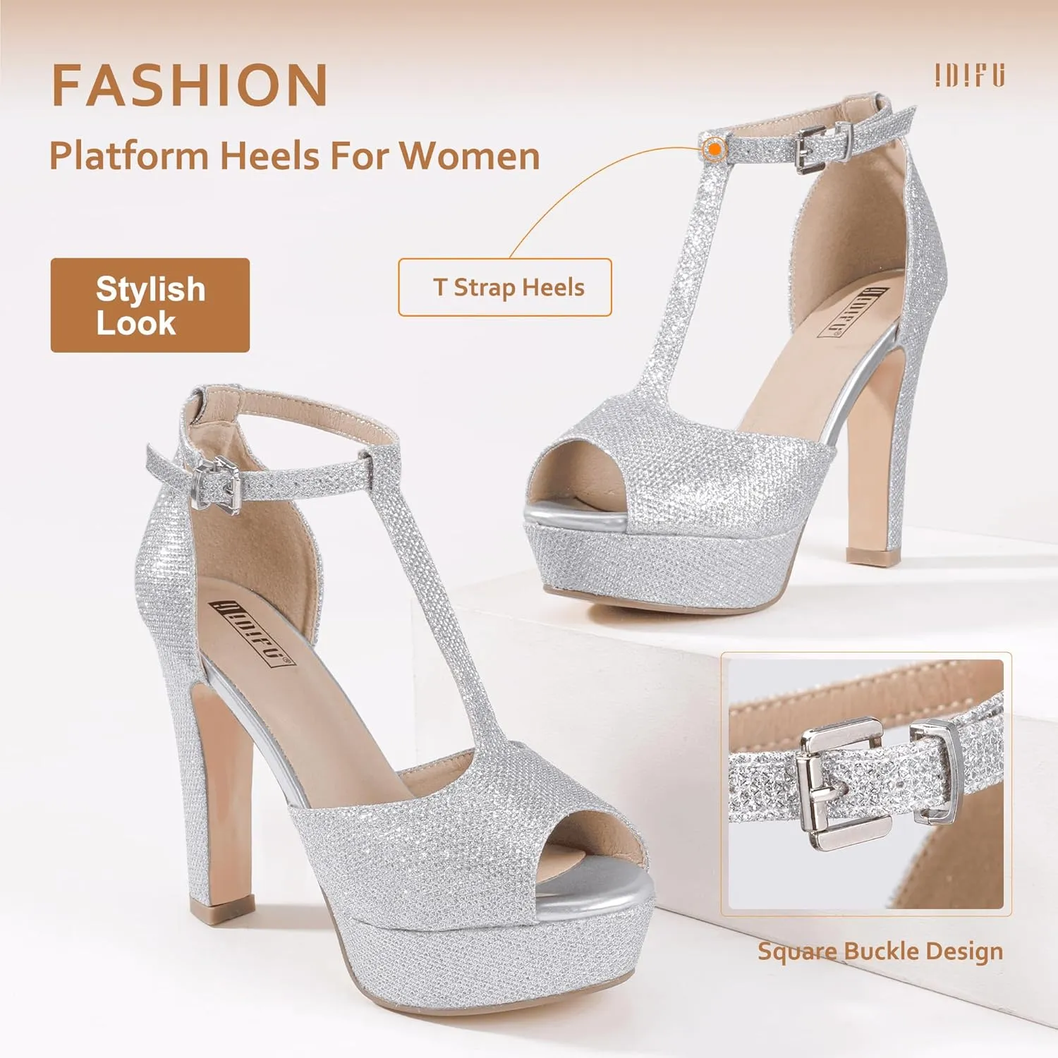 IDIFU Women's IN5 Polly Platform Chunky High Heels T-Strap Sexy Sandals Peep Toe Wedding Party Prom Dress Shoes for Women Bride