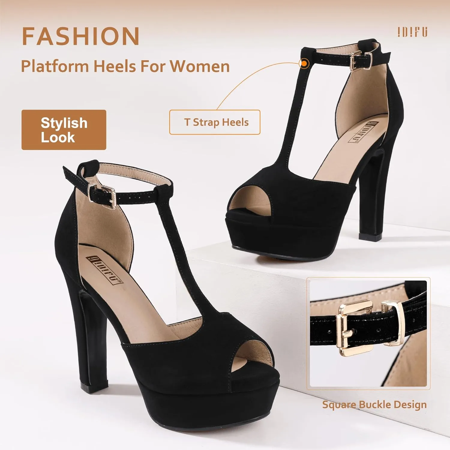 IDIFU Women's IN5 Polly Platform Chunky High Heels T-Strap Sexy Sandals Peep Toe Wedding Party Prom Dress Shoes for Women Bride