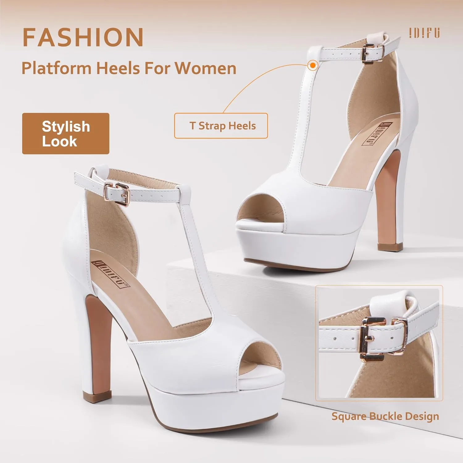 IDIFU Women's IN5 Polly Platform Chunky High Heels T-Strap Sexy Sandals Peep Toe Wedding Party Prom Dress Shoes for Women Bride