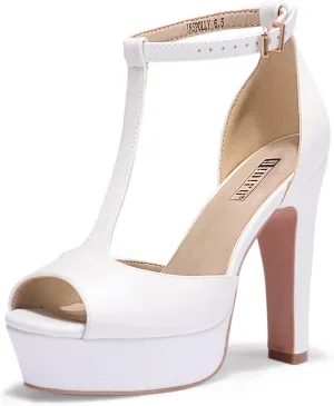IDIFU Women's IN5 Polly Platform Chunky High Heels T-Strap Sexy Sandals Peep Toe Wedding Party Prom Dress Shoes for Women Bride
