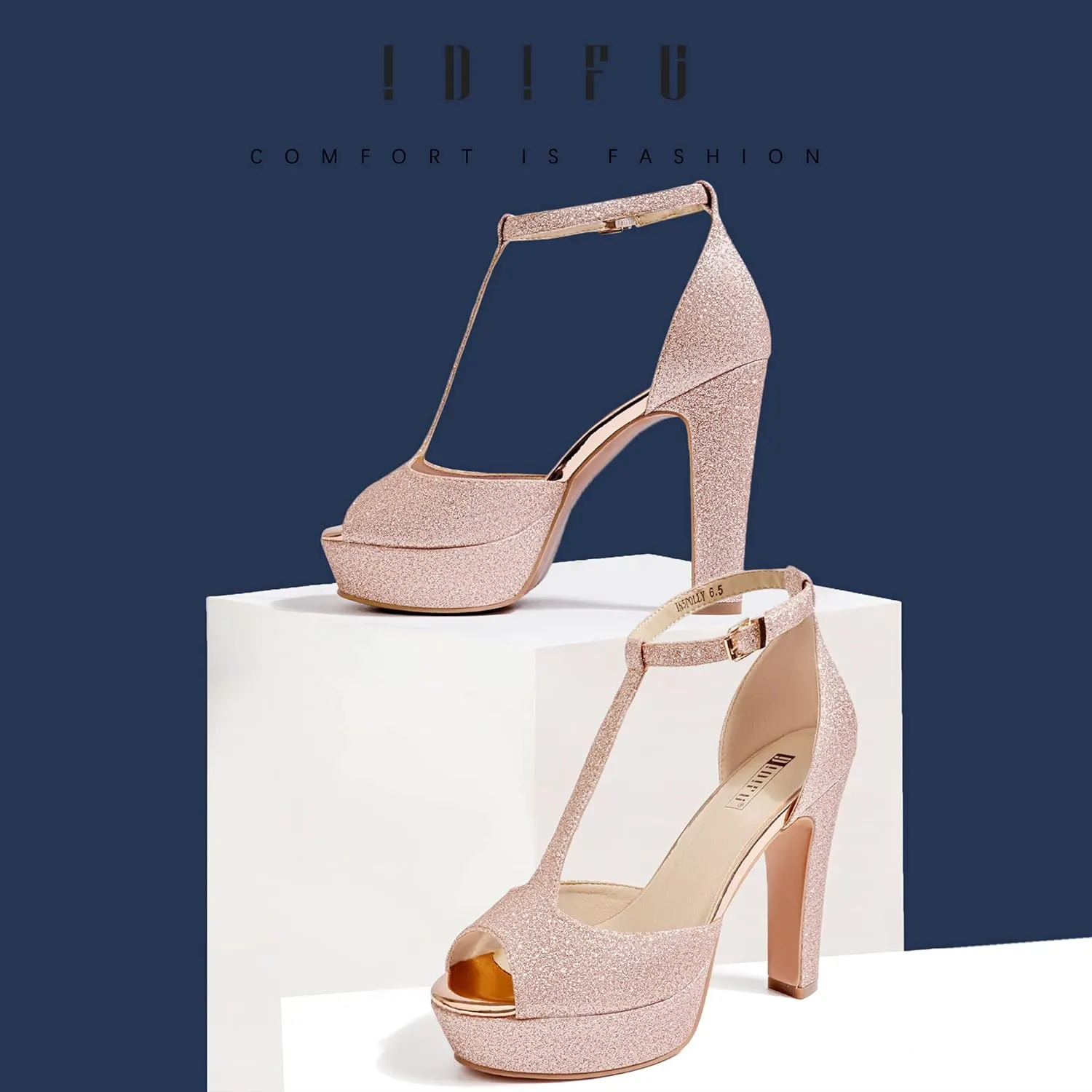 IDIFU Women's IN5 Polly Platform Chunky High Heels T-Strap Sexy Sandals Peep Toe Wedding Party Prom Dress Shoes for Women Bride