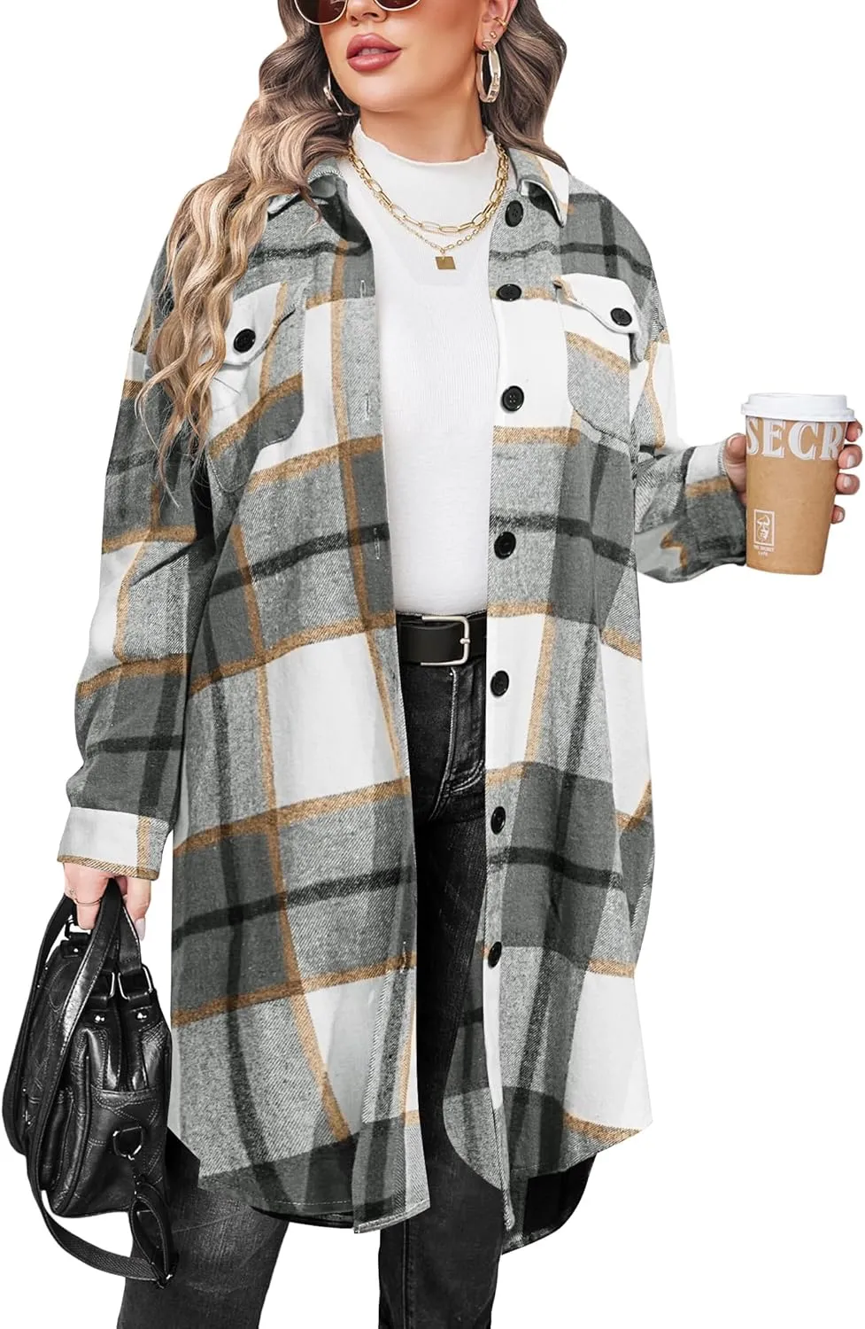 IN'VOLAND Womens Plus Size Flannel Plaid Shirts Long Sleeve Lounge Lapel Boyfriend Button Down Tartan Long Jacket Coats