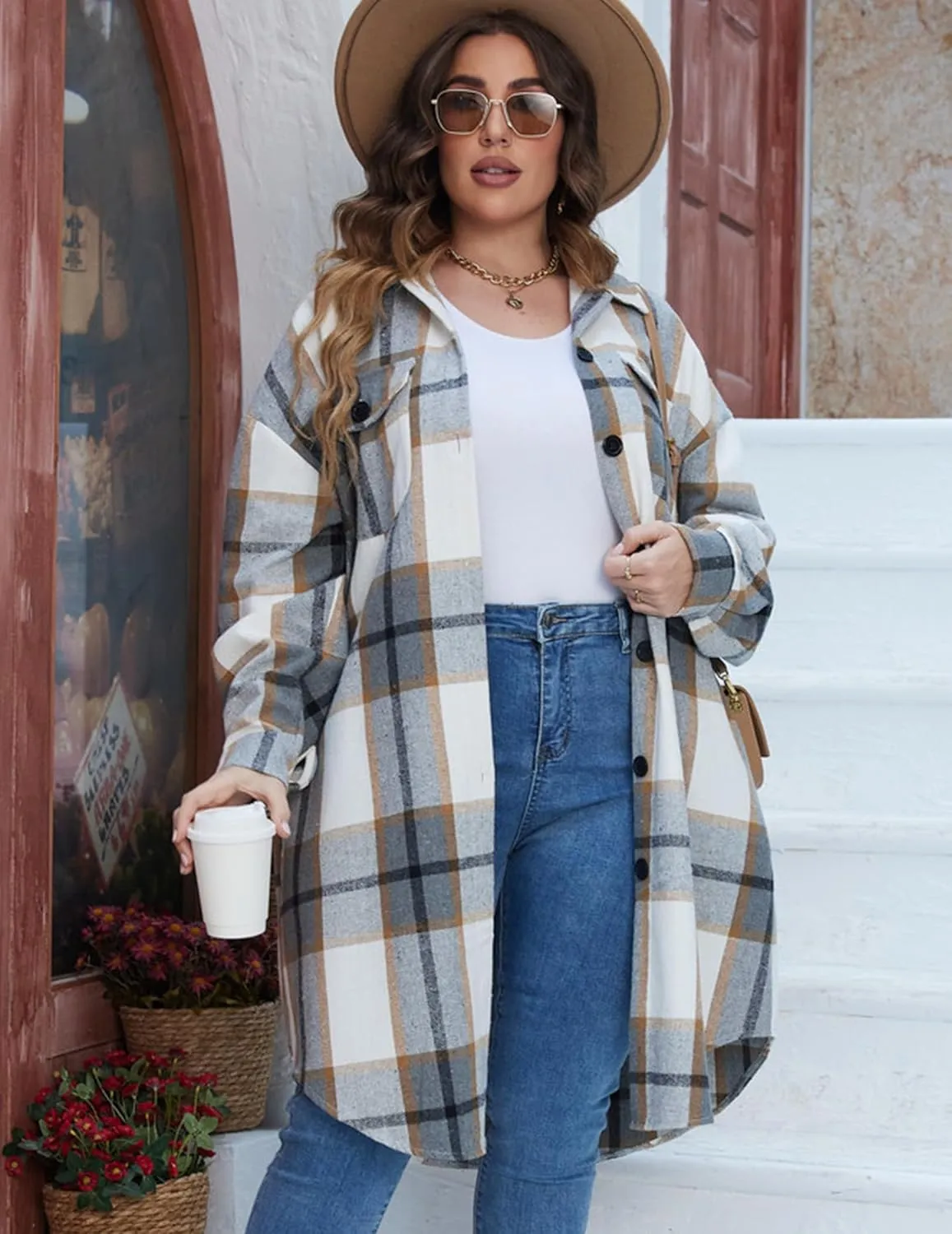 IN'VOLAND Womens Plus Size Flannel Plaid Shirts Long Sleeve Lounge Lapel Boyfriend Button Down Tartan Long Jacket Coats