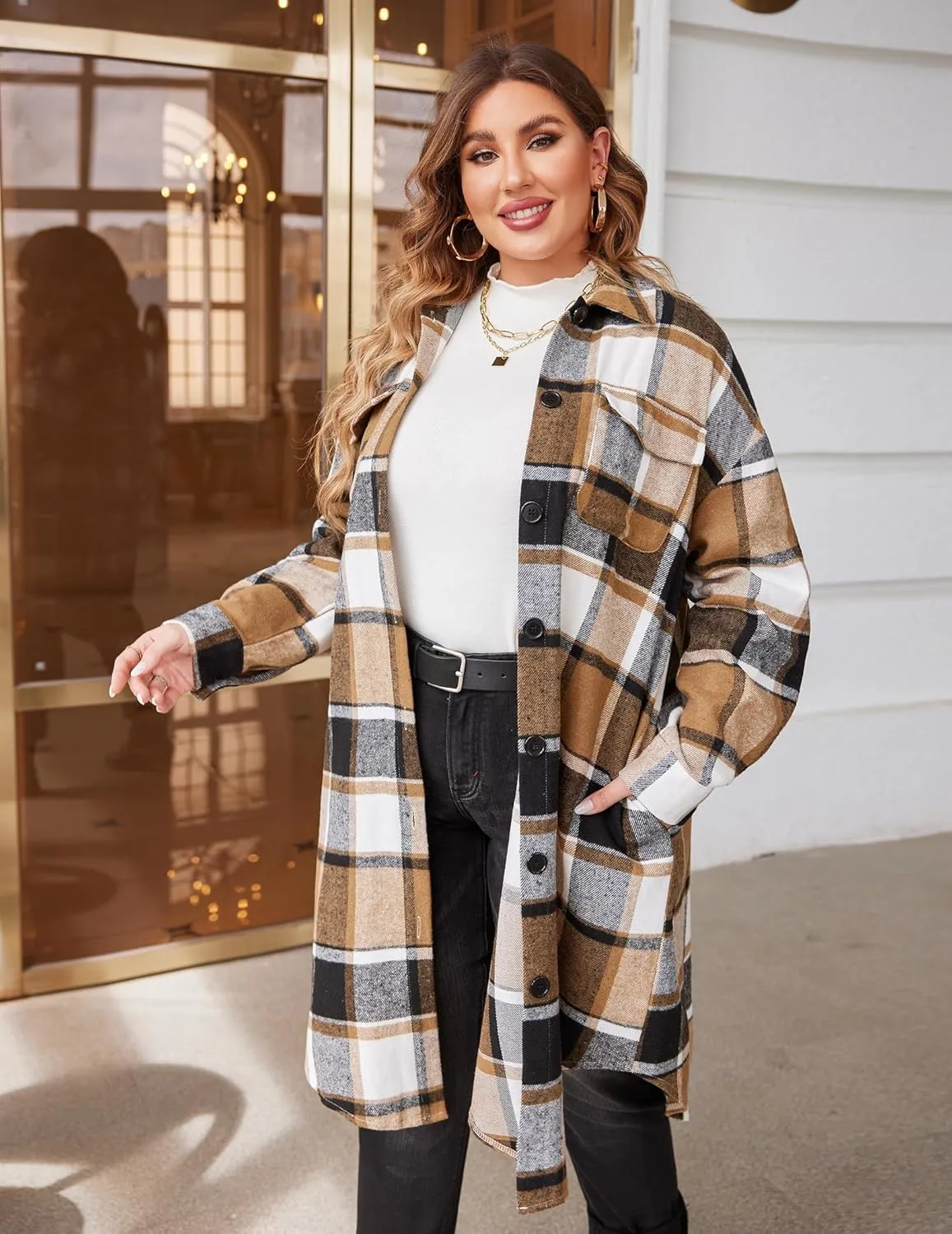 IN'VOLAND Womens Plus Size Flannel Plaid Shirts Long Sleeve Lounge Lapel Boyfriend Button Down Tartan Long Jacket Coats