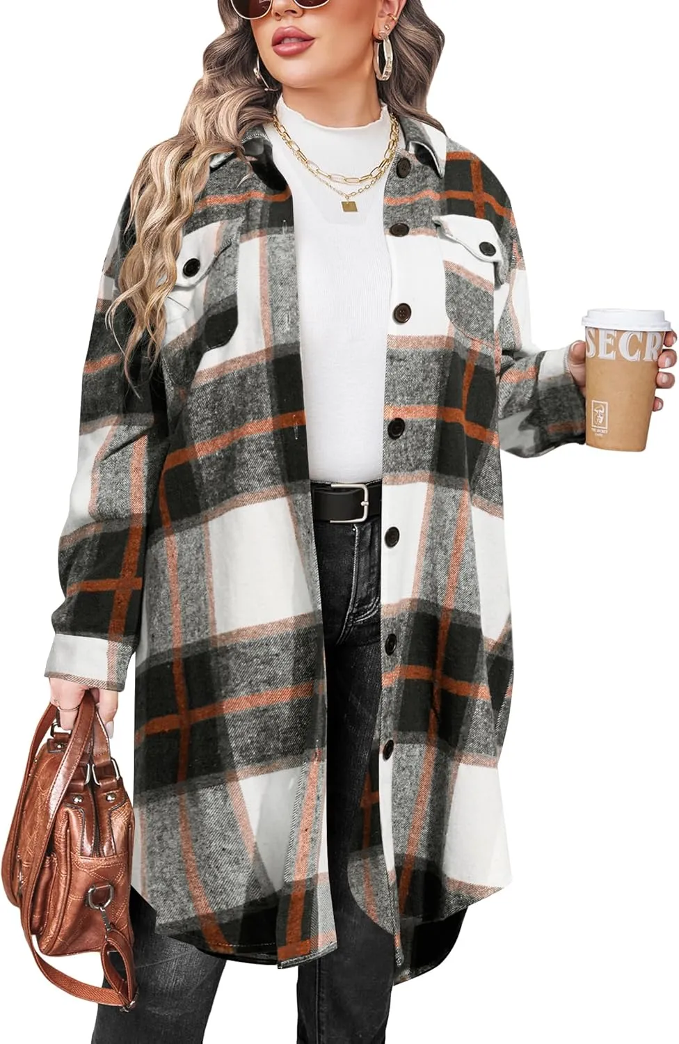 IN'VOLAND Womens Plus Size Flannel Plaid Shirts Long Sleeve Lounge Lapel Boyfriend Button Down Tartan Long Jacket Coats