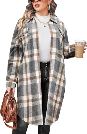 IN'VOLAND Womens Plus Size Flannel Plaid Shirts Long Sleeve Lounge Lapel Boyfriend Button Down Tartan Long Jacket Coats