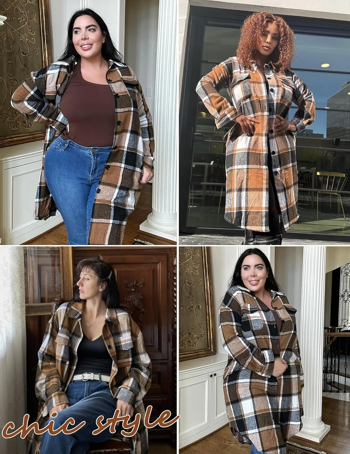 IN'VOLAND Womens Plus Size Flannel Plaid Shirts Long Sleeve Lounge Lapel Boyfriend Button Down Tartan Long Jacket Coats