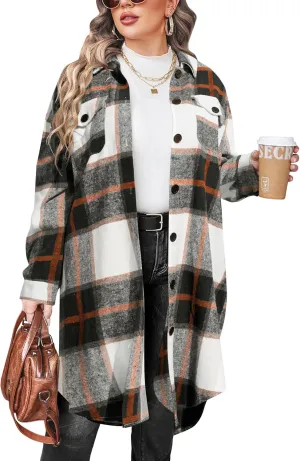 IN'VOLAND Womens Plus Size Flannel Plaid Shirts Long Sleeve Lounge Lapel Boyfriend Button Down Tartan Long Jacket Coats