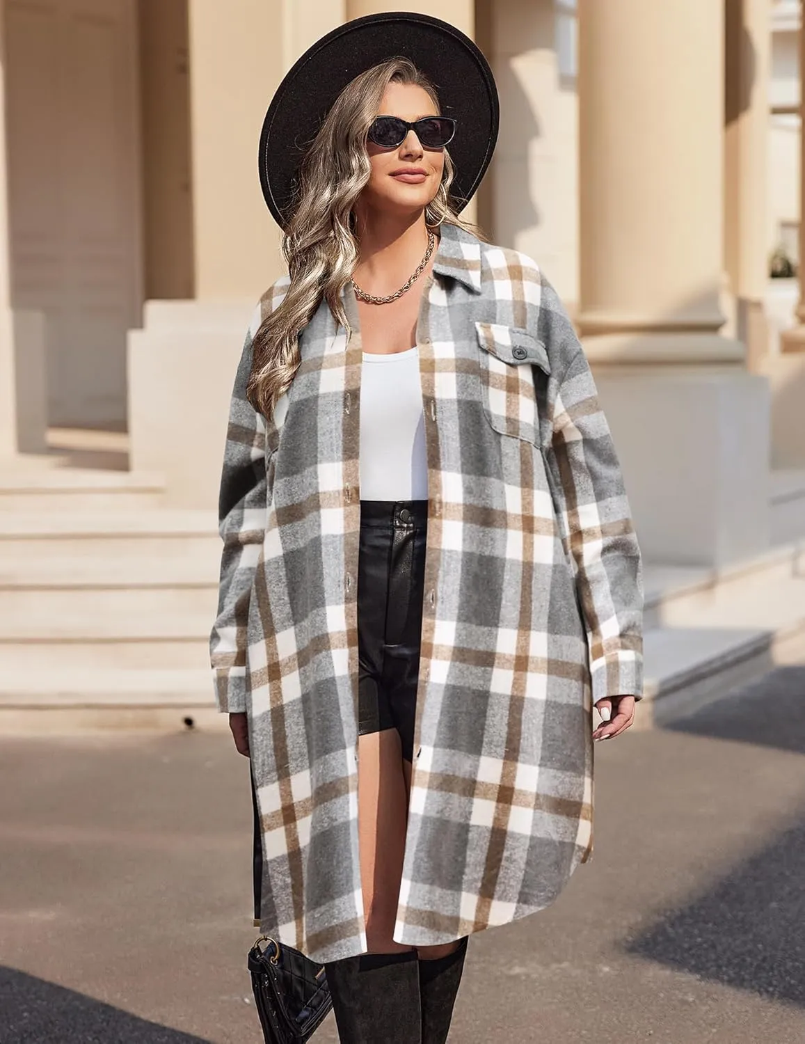 IN'VOLAND Womens Plus Size Flannel Plaid Shirts Long Sleeve Lounge Lapel Boyfriend Button Down Tartan Long Jacket Coats