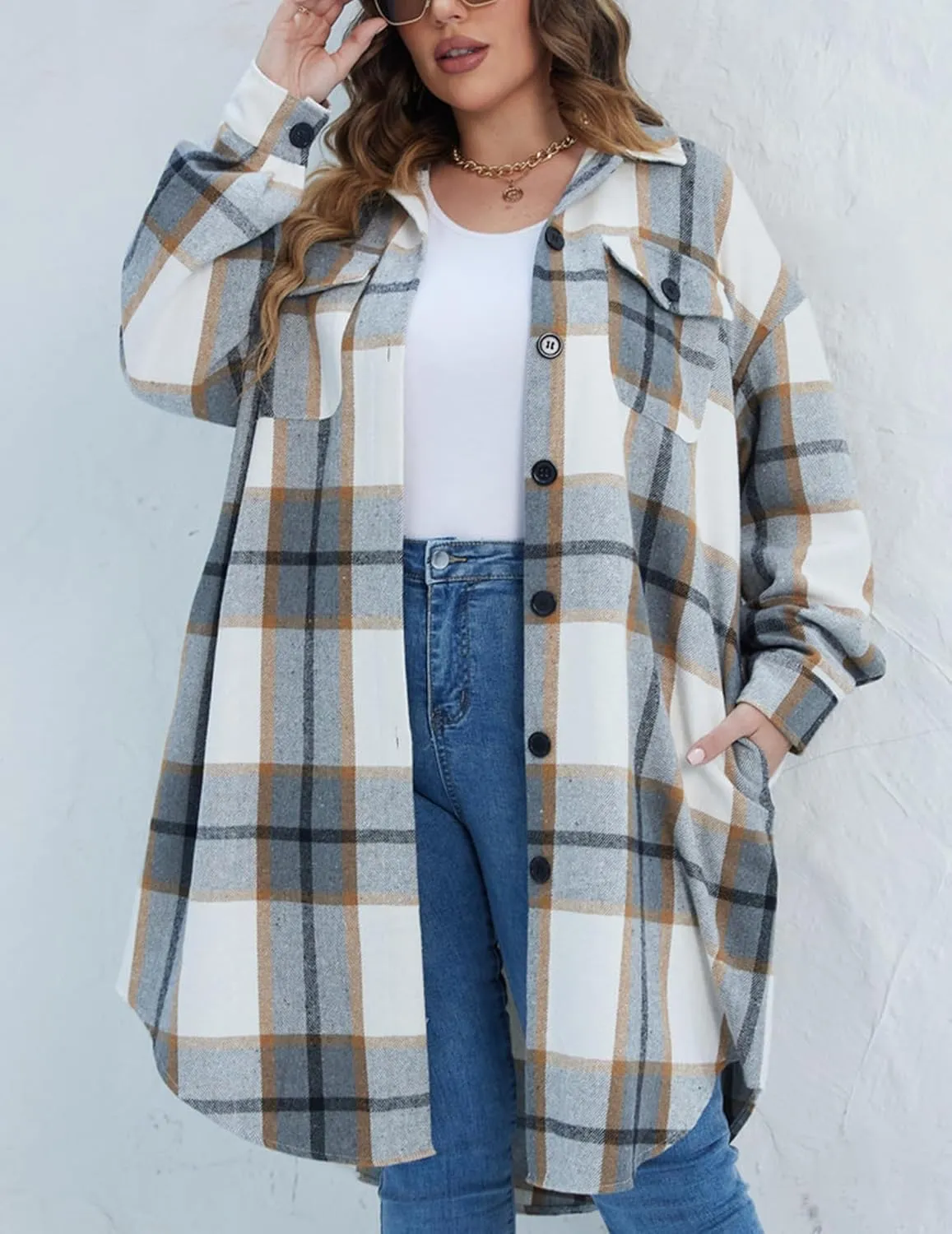 IN'VOLAND Womens Plus Size Flannel Plaid Shirts Long Sleeve Lounge Lapel Boyfriend Button Down Tartan Long Jacket Coats