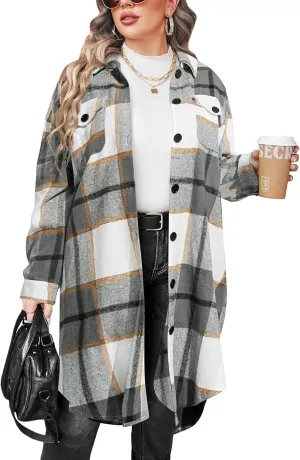 IN'VOLAND Womens Plus Size Flannel Plaid Shirts Long Sleeve Lounge Lapel Boyfriend Button Down Tartan Long Jacket Coats
