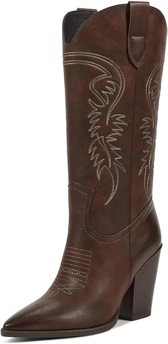 ISNOM Cowboy Boots Cowgir Boots for Women, Pointed Toe Chunky Heel Western Boots