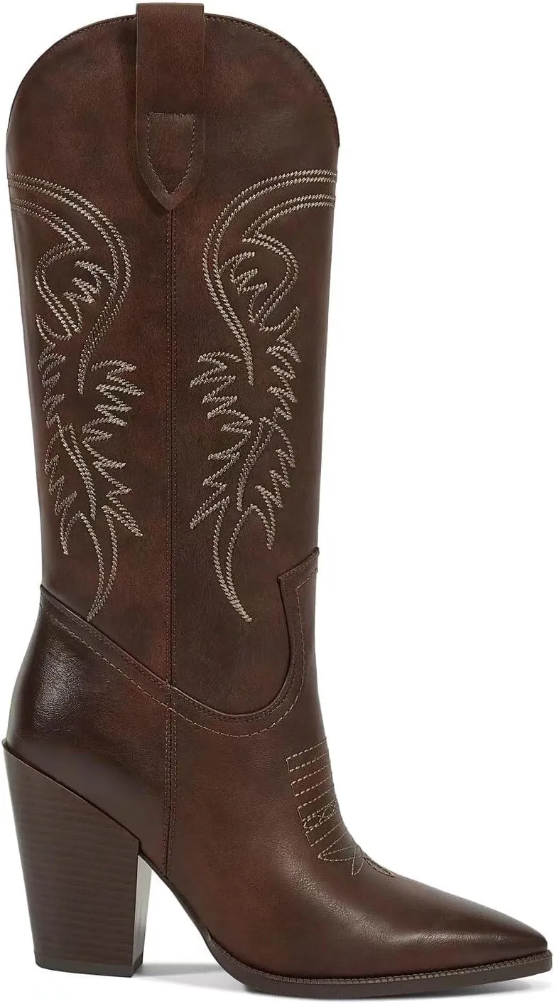 ISNOM Cowboy Boots Cowgir Boots for Women, Pointed Toe Chunky Heel Western Boots