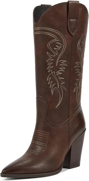 ISNOM Cowboy Boots Cowgir Boots for Women, Pointed Toe Chunky Heel Western Boots