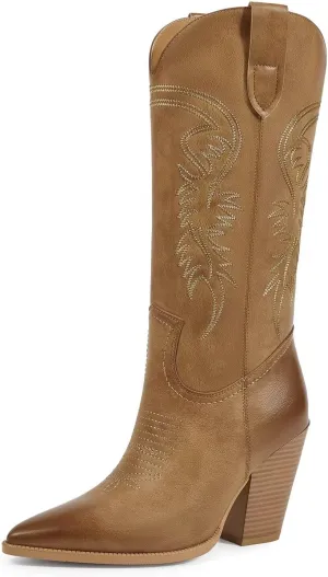 ISNOM Cowboy Boots Cowgir Boots for Women, Pointed Toe Chunky Heel Western Boots
