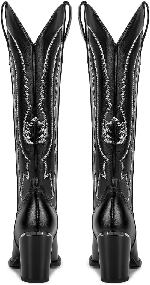 ISNOM Cowboy Boots for Women with Pointed Metal Toe, Cowgirl Boots Women Knee High with Block Chunky Heel Long Western Boots for Women