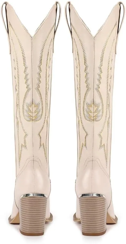 ISNOM Cowboy Boots for Women with Pointed Metal Toe, Cowgirl Boots Women Knee High with Block Chunky Heel Long Western Boots for Women