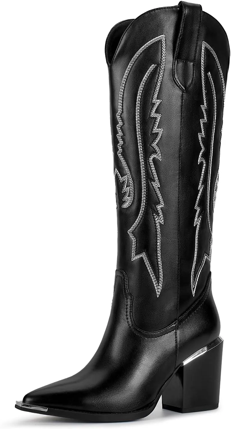ISNOM Cowboy Boots for Women with Pointed Metal Toe, Cowgirl Boots Women Knee High with Block Chunky Heel Long Western Boots for Women