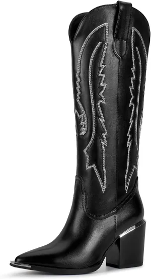ISNOM Cowboy Boots for Women with Pointed Metal Toe, Cowgirl Boots Women Knee High with Block Chunky Heel Long Western Boots for Women