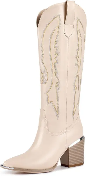 ISNOM Cowboy Boots for Women with Pointed Metal Toe, Cowgirl Boots Women Knee High with Block Chunky Heel Long Western Boots for Women