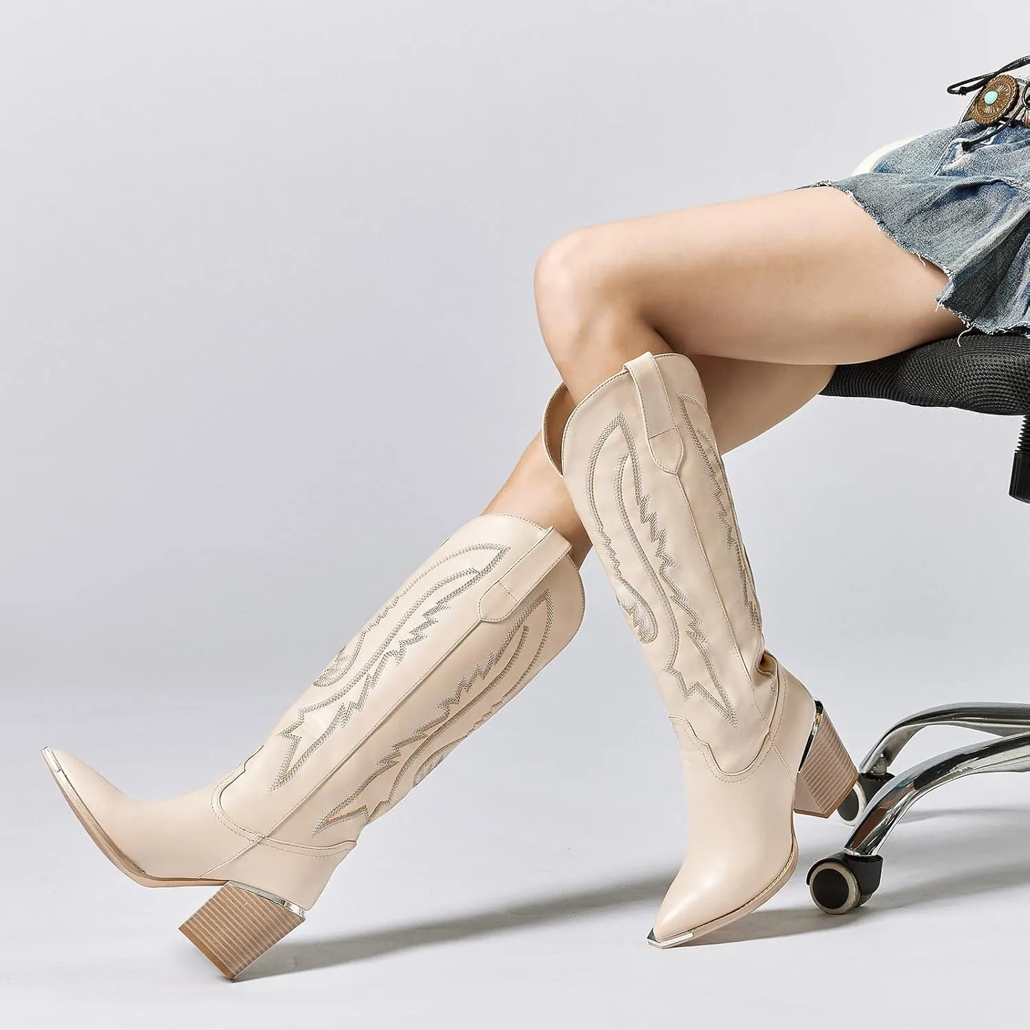 ISNOM Cowboy Boots for Women with Pointed Metal Toe, Cowgirl Boots Women Knee High with Block Chunky Heel Long Western Boots for Women