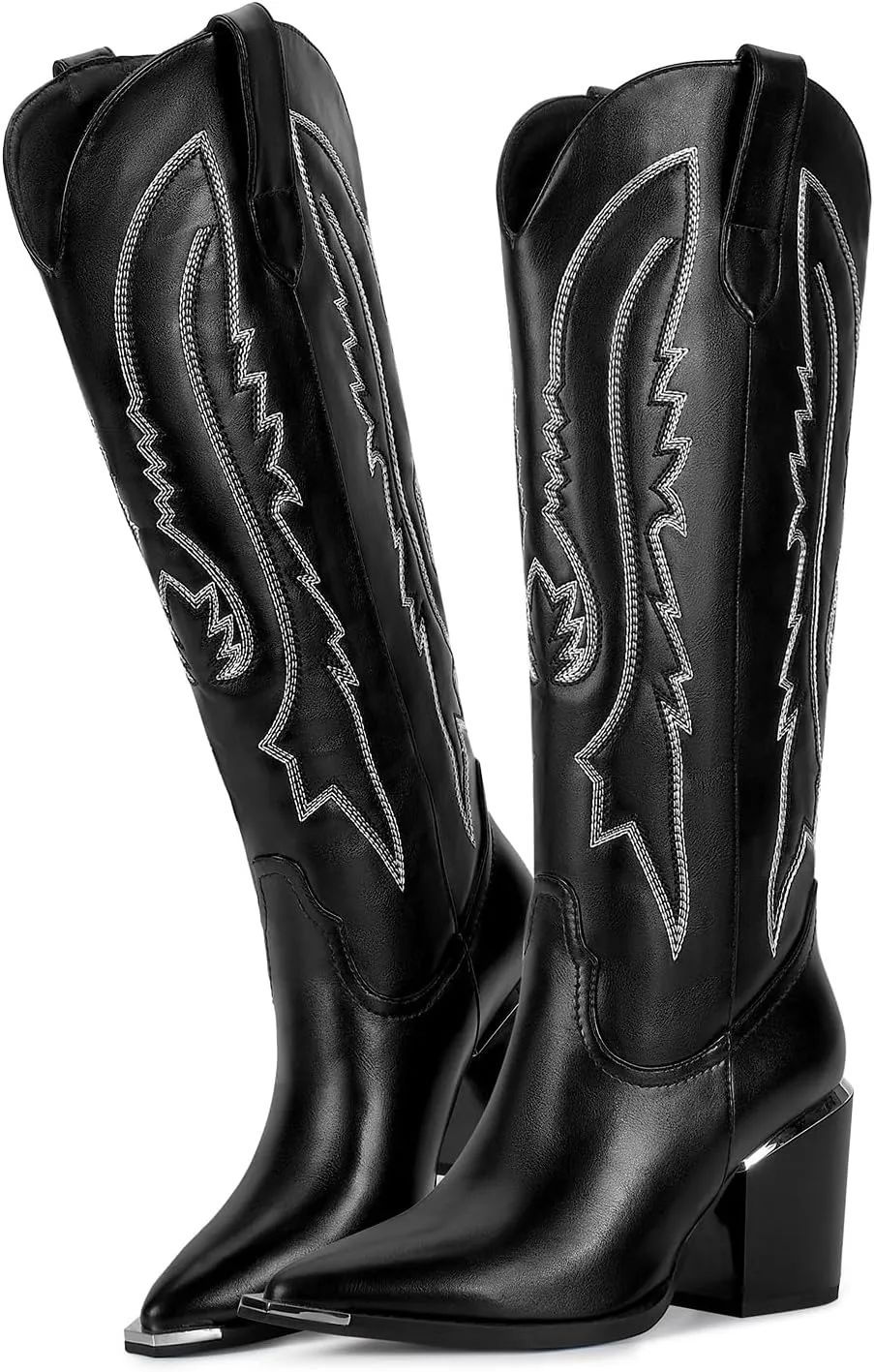 ISNOM Cowboy Boots for Women with Pointed Metal Toe, Cowgirl Boots Women Knee High with Block Chunky Heel Long Western Boots for Women