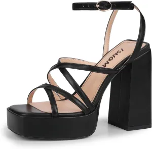 ISNOM Platform Chunky Heels for Women, Block Heel Sandals with Open Square Toe and Ankle Strap
