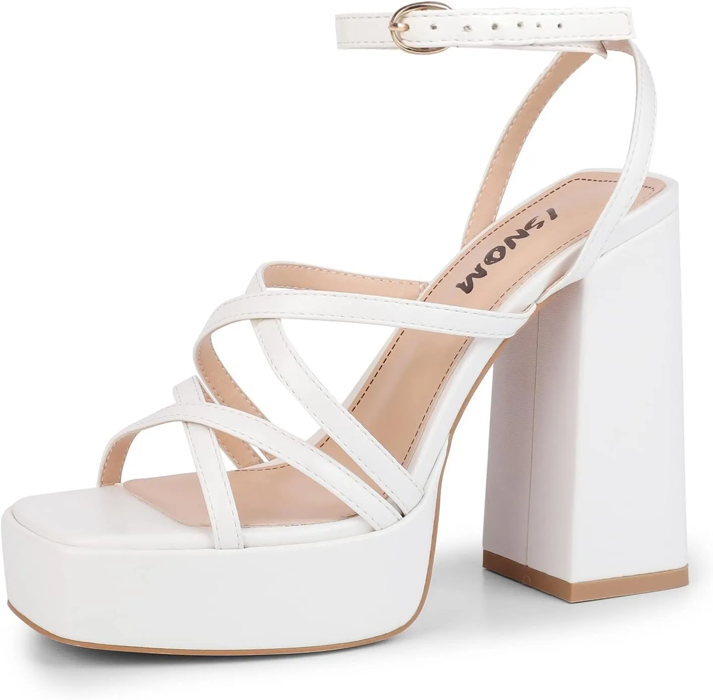 ISNOM Platform Chunky Heels for Women, Block Heel Sandals with Open Square Toe and Ankle Strap