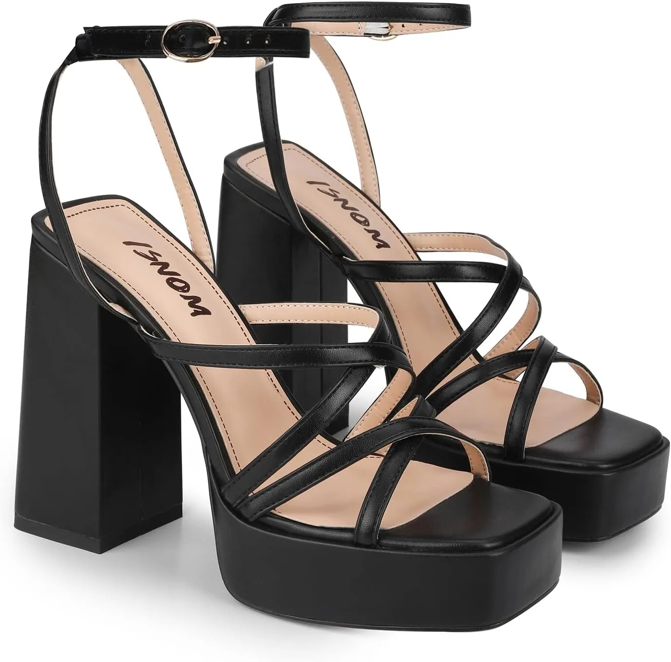 ISNOM Platform Chunky Heels for Women, Block Heel Sandals with Open Square Toe and Ankle Strap
