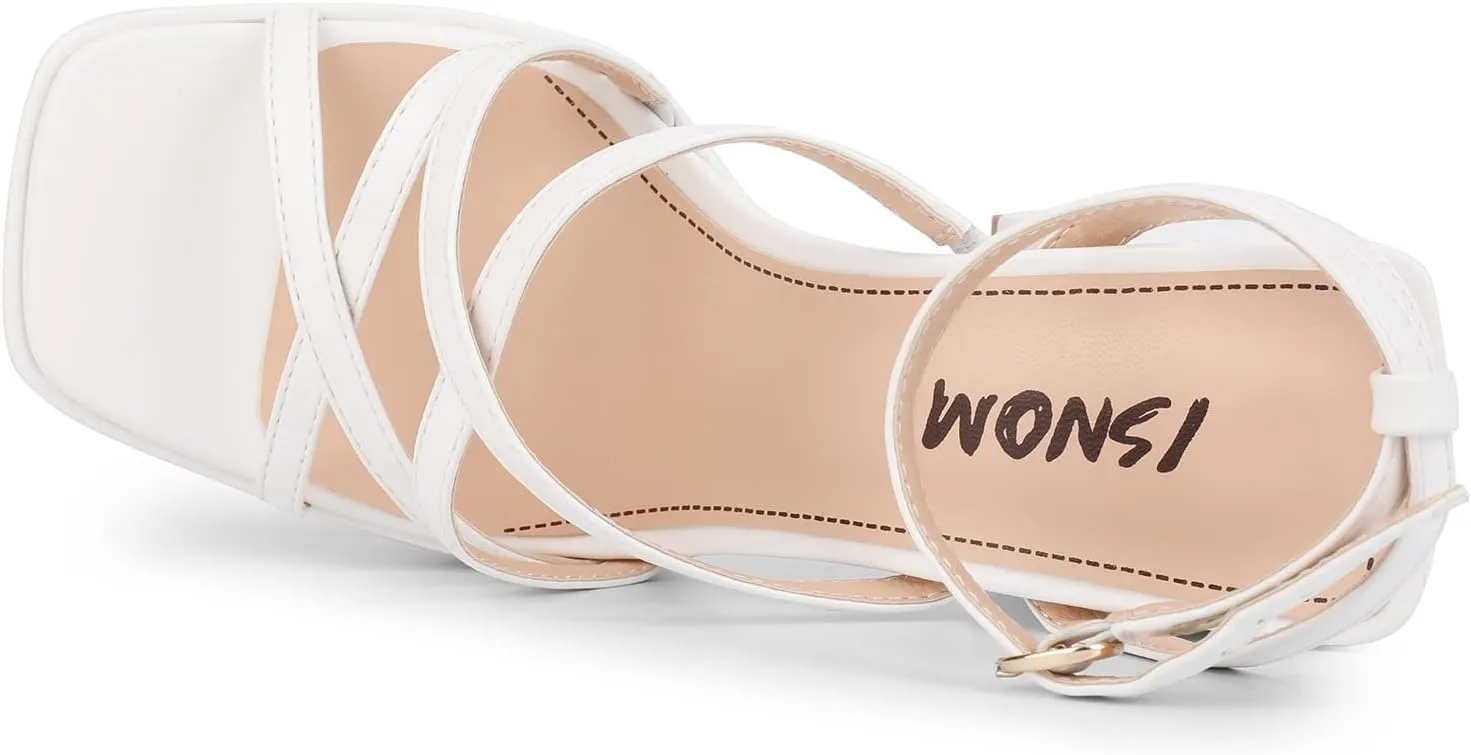 ISNOM Platform Chunky Heels for Women, Block Heel Sandals with Open Square Toe and Ankle Strap