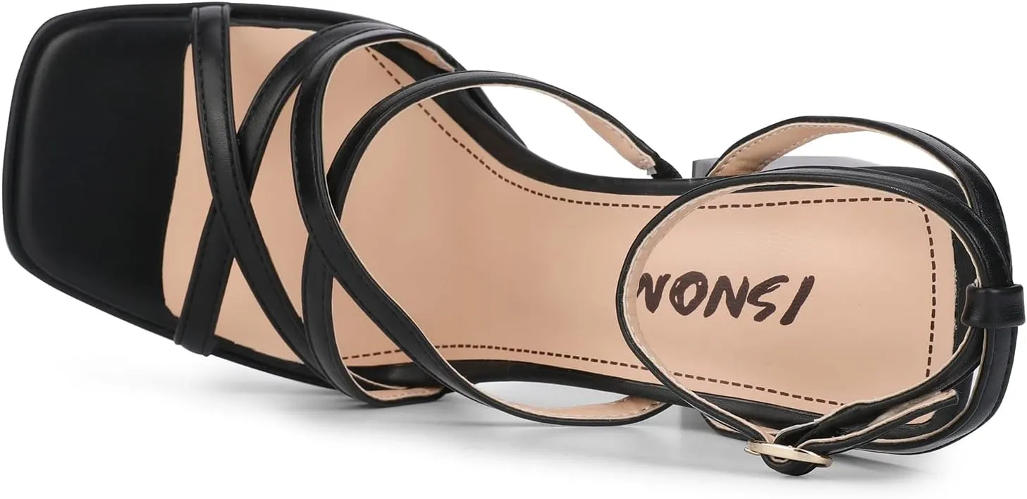 ISNOM Platform Chunky Heels for Women, Block Heel Sandals with Open Square Toe and Ankle Strap
