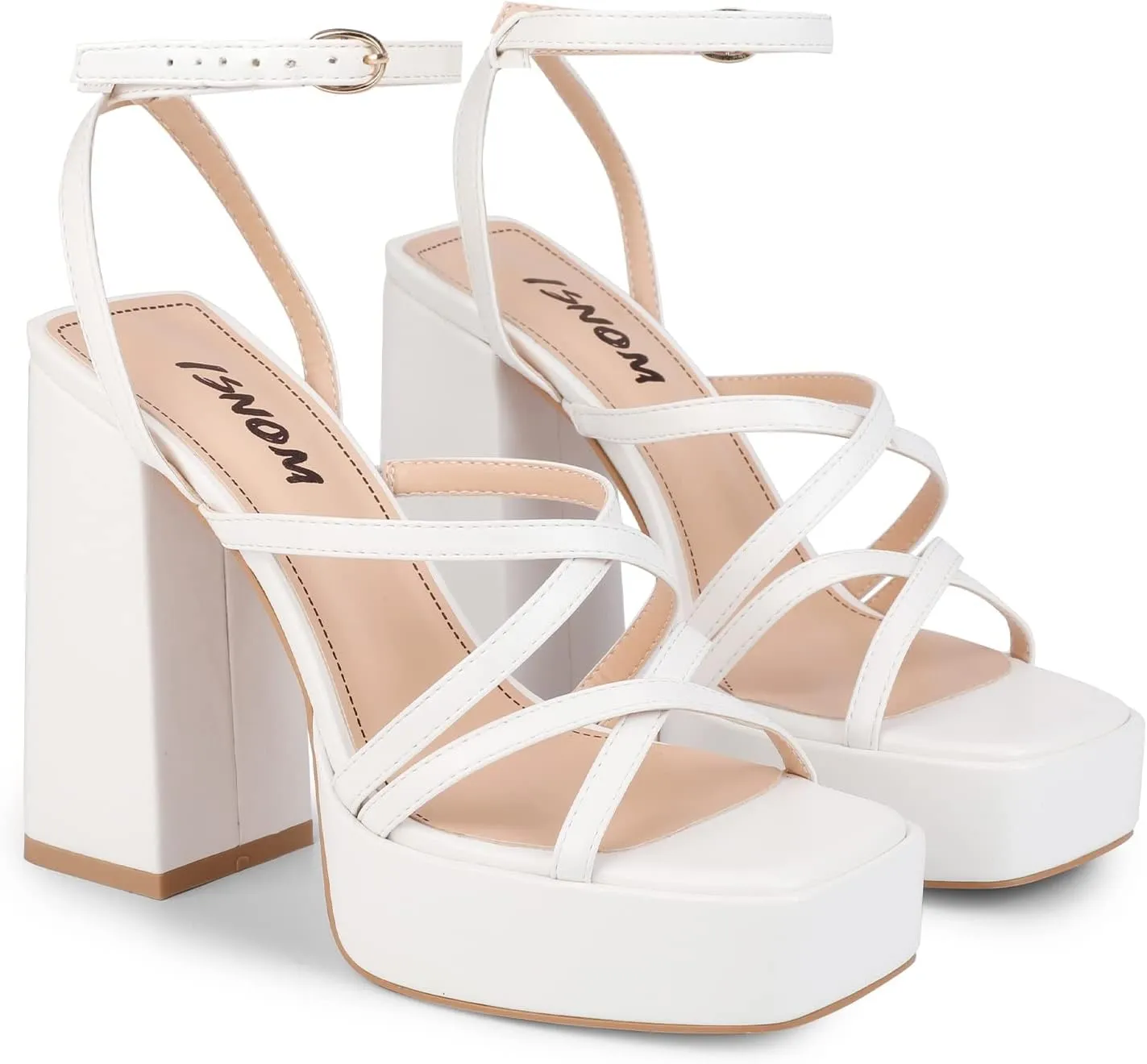 ISNOM Platform Chunky Heels for Women, Block Heel Sandals with Open Square Toe and Ankle Strap