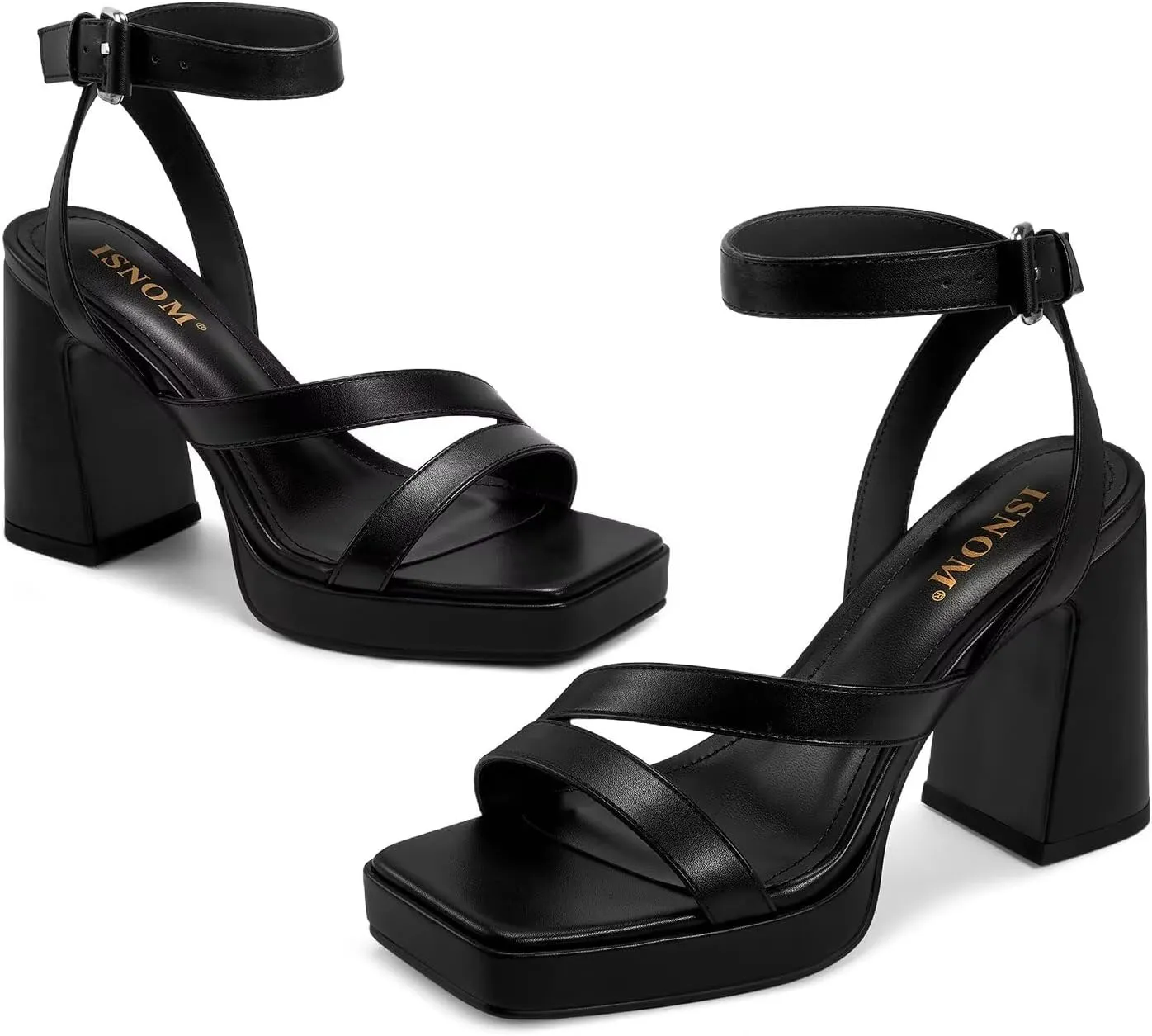ISNOM Platform Chunky Heels for Women Square Open Toe Strappy Heels Ankle Strap Heeled Sandals Comfort Dress Party Shoes