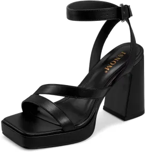 ISNOM Platform Chunky Heels for Women Square Open Toe Strappy Heels Ankle Strap Heeled Sandals Comfort Dress Party Shoes