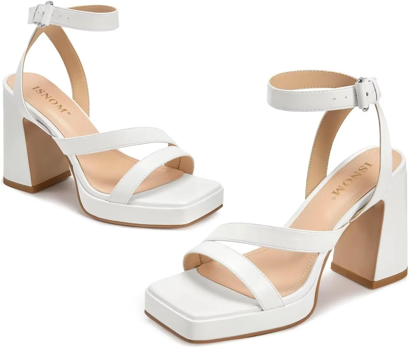 ISNOM Platform Chunky Heels for Women Square Open Toe Strappy Heels Ankle Strap Heeled Sandals Comfort Dress Party Shoes