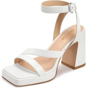 ISNOM Platform Chunky Heels for Women Square Open Toe Strappy Heels Ankle Strap Heeled Sandals Comfort Dress Party Shoes