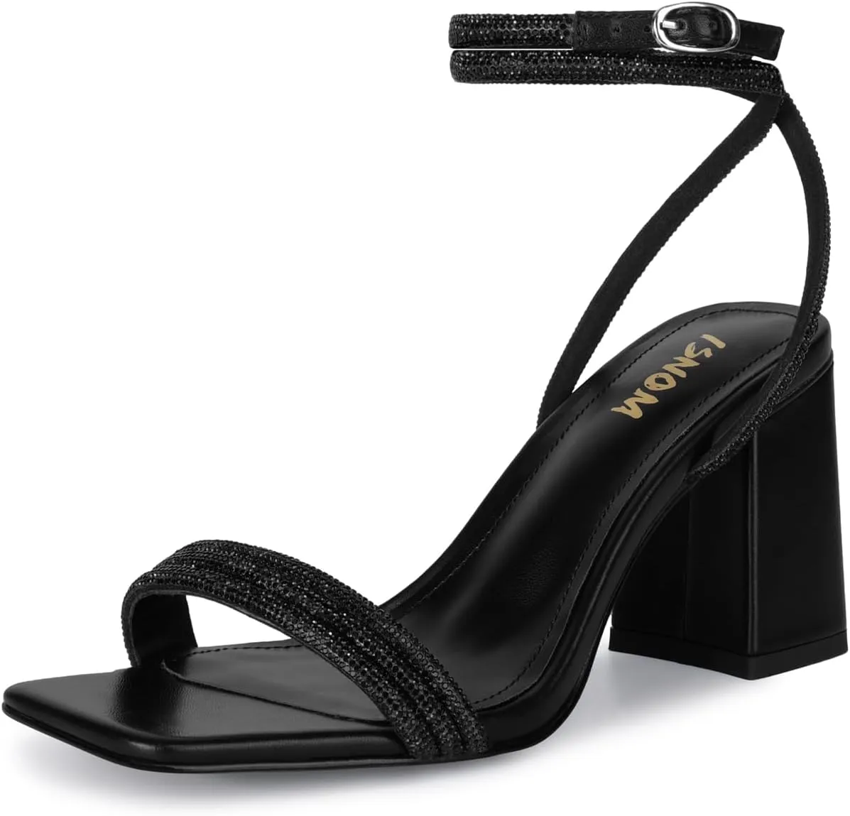 ISNOM Rhinestone Chunky Heels for Women, Square Open Toe Block Heeled Stylish and Comfortable