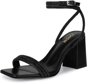 ISNOM Rhinestone Chunky Heels for Women, Square Open Toe Block Heeled Stylish and Comfortable
