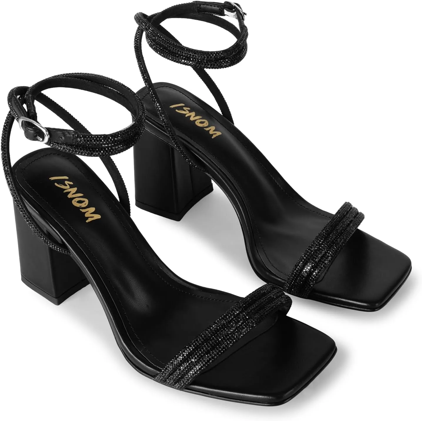 ISNOM Rhinestone Chunky Heels for Women, Square Open Toe Block Heeled Stylish and Comfortable