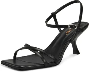 ISNOM Strappy Heels for Women Kitten Heel Sandals Square Open Toe Heeled Sandals with Adjustable Ankle Strap Comfortable Mid Heels for Prom, Party, Daily Wear
