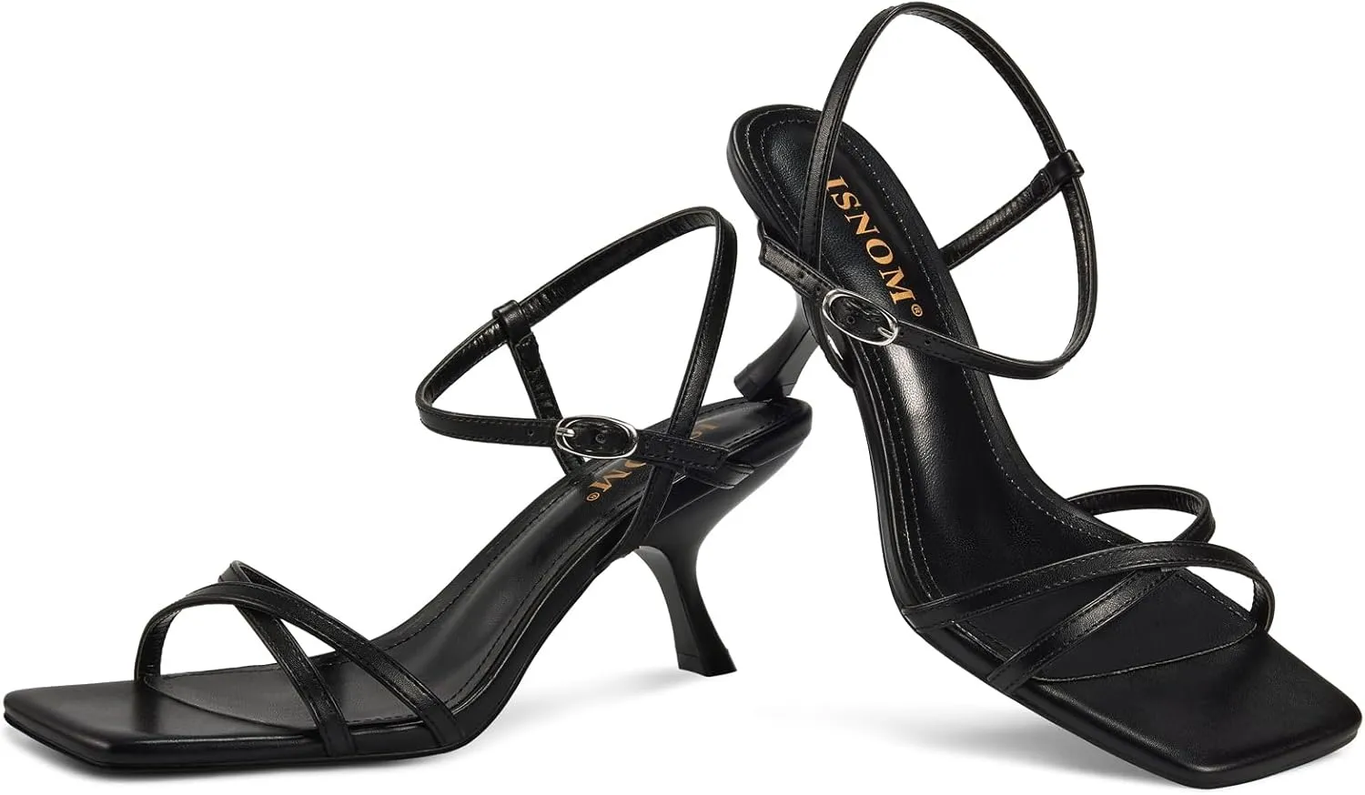 ISNOM Strappy Heels for Women Kitten Heel Sandals Square Open Toe Heeled Sandals with Adjustable Ankle Strap Comfortable Mid Heels for Prom, Party, Daily Wear