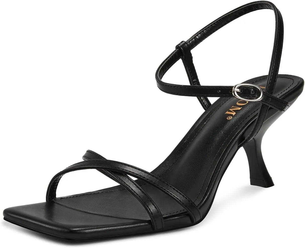 ISNOM Strappy Heels for Women Kitten Heel Sandals Square Open Toe Heeled Sandals with Adjustable Ankle Strap Comfortable Mid Heels for Prom, Party, Daily Wear