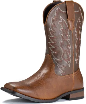 IUV Cowboy Boots For Men Wide Foot Square Toe Western Boots with Classic Embroidered Durable Slip on Boots