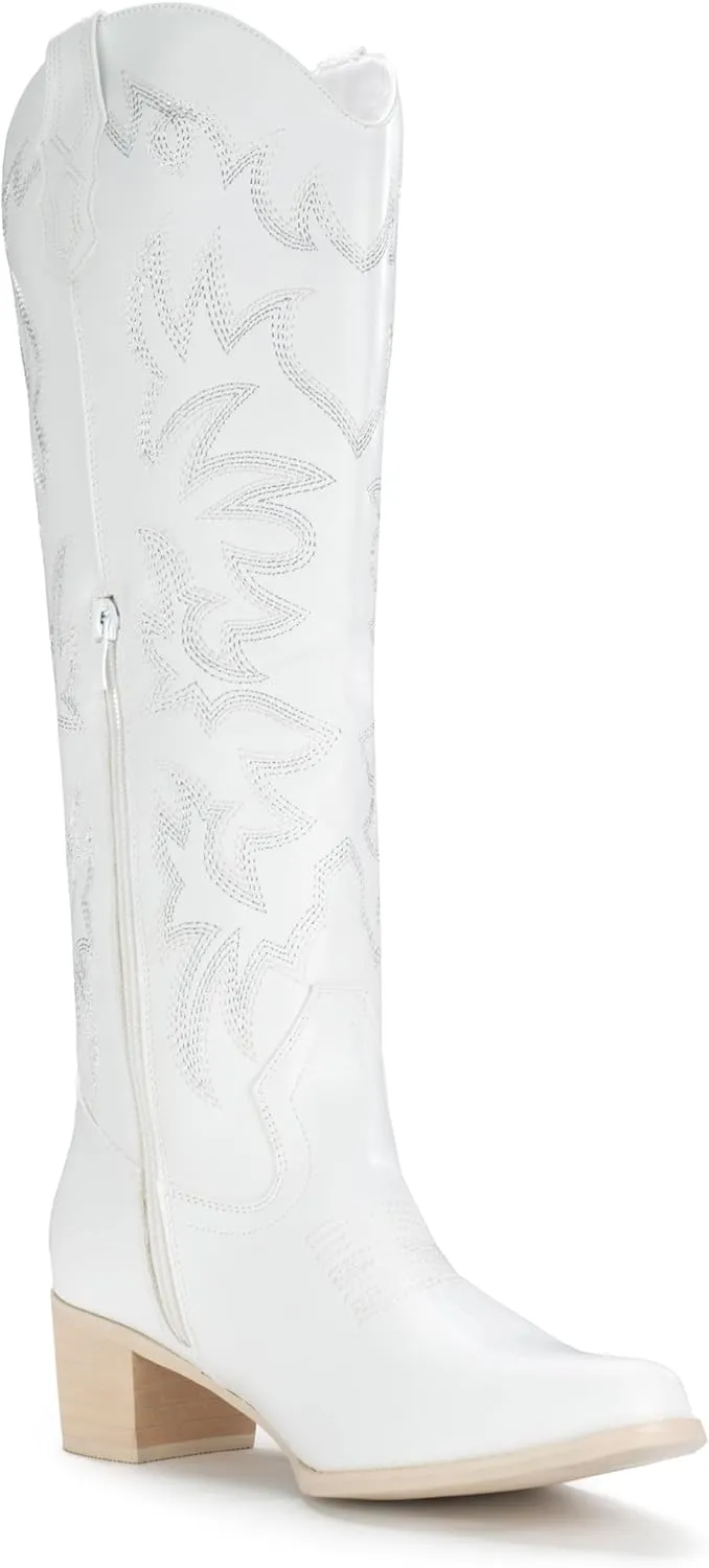 IUV Cowboy Boots For Women Knee High Western Cowgirl Boots Snip Toe Side Zipper Chunky Heel