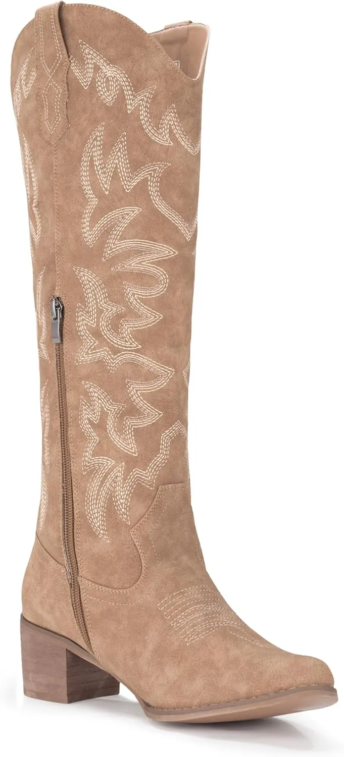 IUV Cowboy Boots For Women Knee High Western Cowgirl Boots Snip Toe Side Zipper Chunky Heel