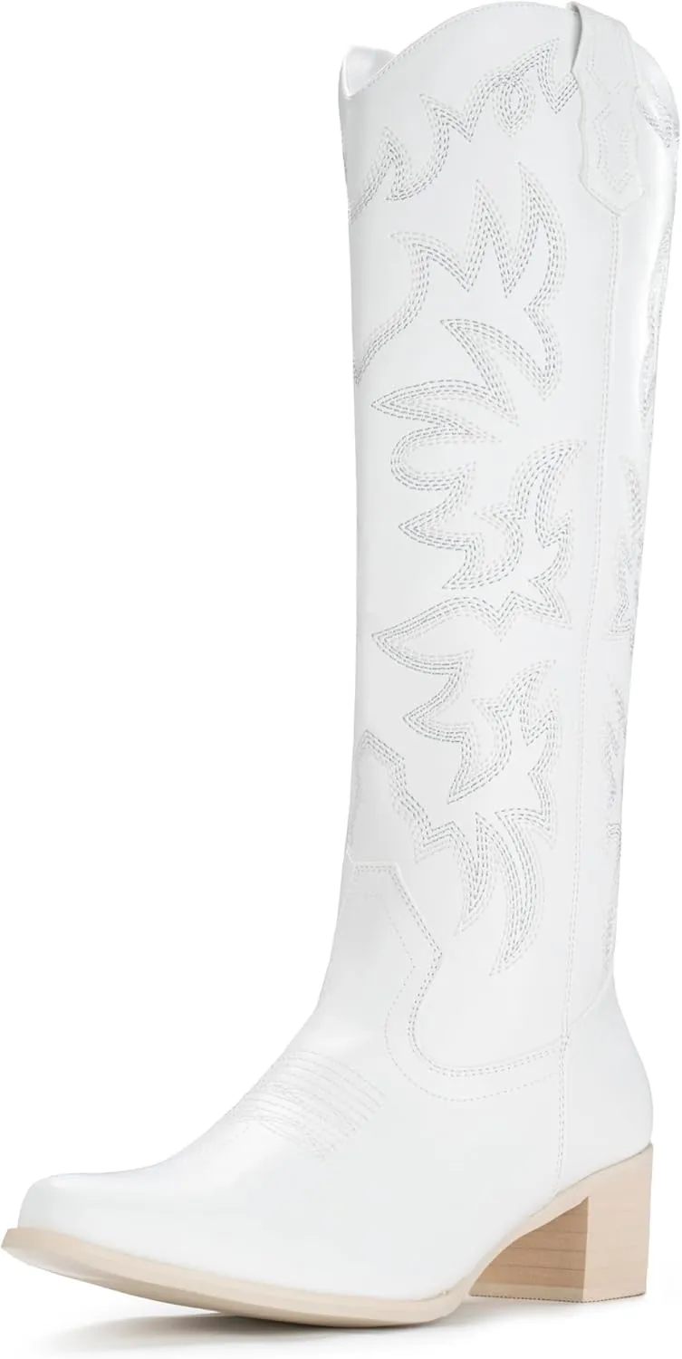IUV Cowboy Boots For Women Knee High Western Cowgirl Boots Snip Toe Side Zipper Chunky Heel