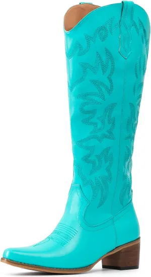 IUV Cowboy Boots For Women Knee High Western Cowgirl Boots Snip Toe Side Zipper Chunky Heel