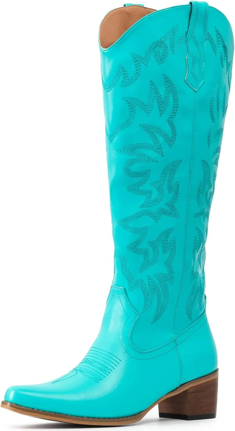 IUV Cowboy Boots For Women Knee High Western Cowgirl Boots Snip Toe Side Zipper Chunky Heel