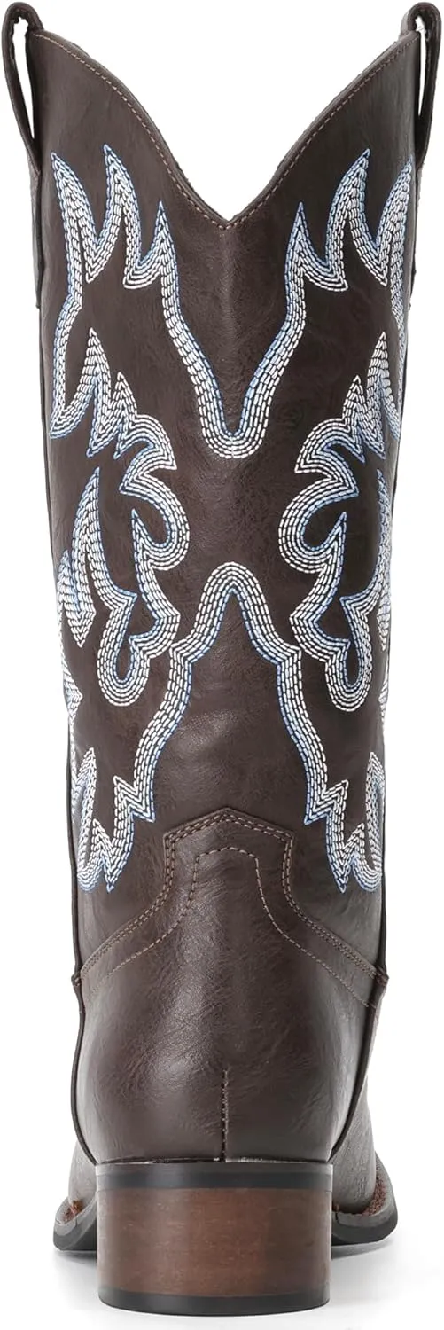 IUV Cowboy Boots For Women Square Toe Cowgirl Boots Mid Calf Western Boots Pull On Fashion Cowboy Boots